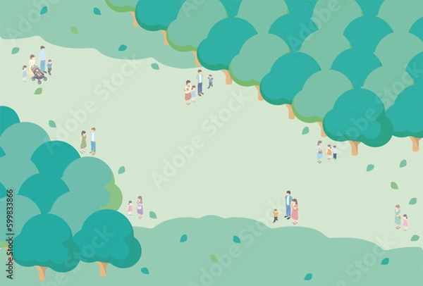 Fototapeta フレーム　背景　アイソメトリック　家族　ファミリー　夏　緑　人物　親子　ベビー　キッズ　イラスト素材