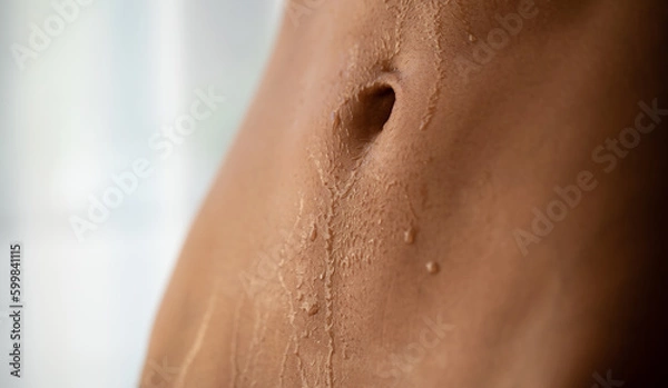 Fototapeta Close up of a toned female torso with sweat on the skin after a workout. Woman with perfect abdominal muscles