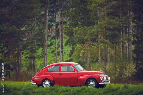 Fototapeta Classic oldtimer vintage two-door car of the 1950s - 1960s on a country road