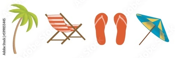 Fototapeta Set of beach items. umbrella, beach chair, palm tree, flip-flops