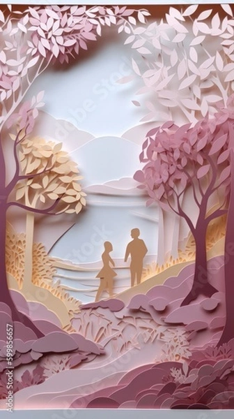 Fototapeta Lover and couple paper cut art with nature background. Generative AI
