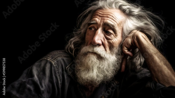Fototapeta In a dim room, an aged Icelandic man with gray hair and beard poses, his eyes full of wisdom. Dramatic lighting amplifies his character and life's tales. Generative AI