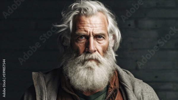 Fototapeta In a dim room, an aged Icelandic man with gray hair and beard poses, his eyes full of wisdom. Dramatic lighting amplifies his character and life's tales. Generative AI