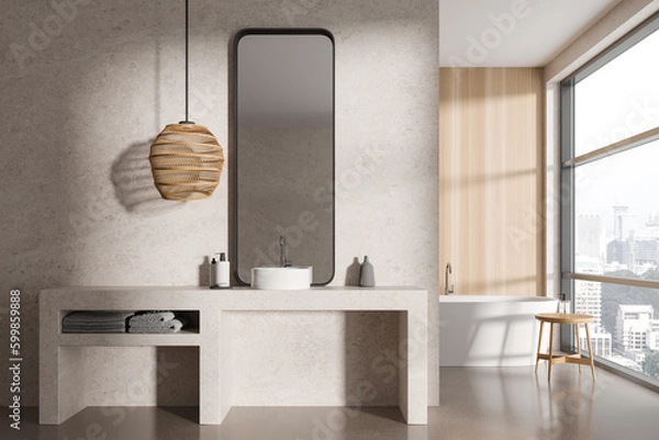 Fototapeta Cozy bathroom interior with sink and tub, accessories and panoramic window