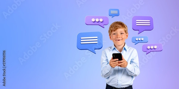 Fototapeta Smiling boy with smartphone and speech bubbles