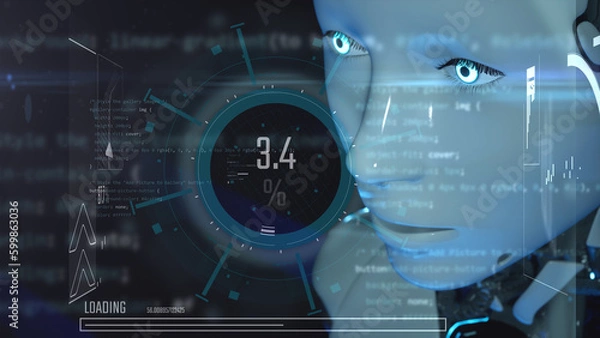 Fototapeta 3d illustration of female robot humanoid artificial intelligence hud interface information operator data analysing scifi modern background