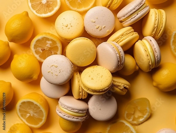 Fototapeta Close up colorful macaron,fresh yellow lemons, sour lime flavors and sweet French macarons sandwich cookies,  di-cut image on white background, Generative AI