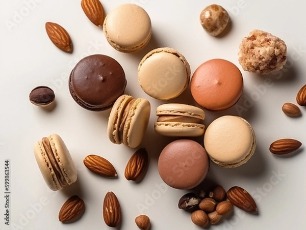 Fototapeta Close up almond macaron, composition of many different flavors and various French macarons sandwich cookies,  di-cut image on white background,Generative AI