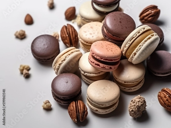 Fototapeta Close up almond macaron, composition of many different flavors and various French macarons sandwich cookies,  di-cut image on white background,Generative AI
