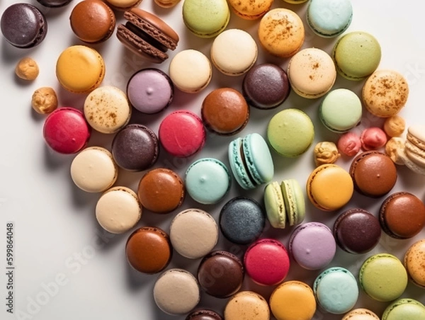 Fototapeta Close up colorful macaron, many different flavors and various French macarons sandwich cookies,  di-cut image on white background, Generative AI