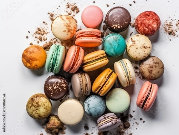 Fototapeta Close up colorful macaron, many different flavors and various French macarons sandwich cookies,  di-cut image on white background, Generative AI