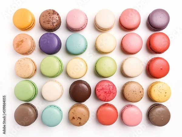 Fototapeta Close up colorful macaron, many different flavors and various French macarons sandwich cookies,  di-cut image on white background, Generative AI