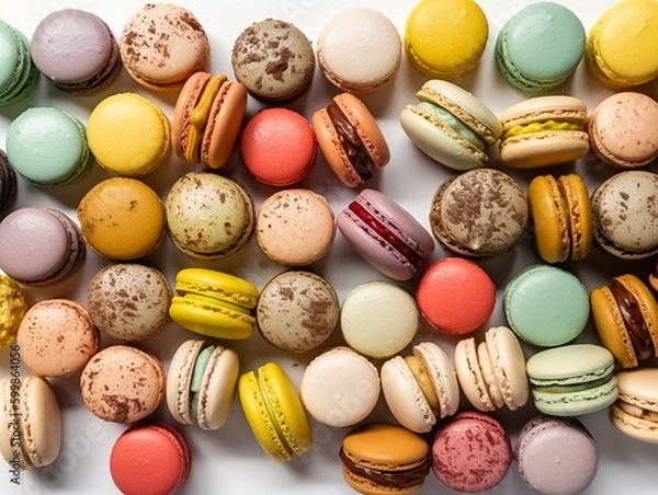 Fototapeta Close up colorful macaron, many different flavors and various French macarons sandwich cookies,  di-cut image on white background, Generative AI