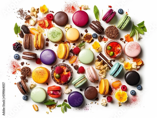 Fototapeta Close up colorful macaron, many different flavors and various French macarons sandwich cookies,  di-cut image on white background, Generative AI