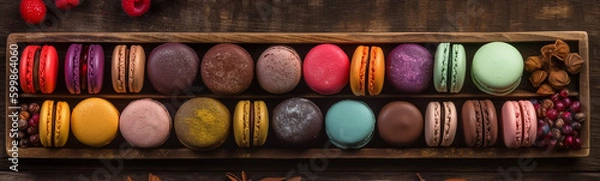 Fototapeta Close up colorful macaron, many different flavors and various French macarons sandwich cookies,  di-cut image on white background, Generative AI