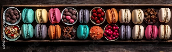 Fototapeta Close up colorful macaron, many different flavors and various French macarons sandwich cookies,  di-cut image on white background, Generative AI