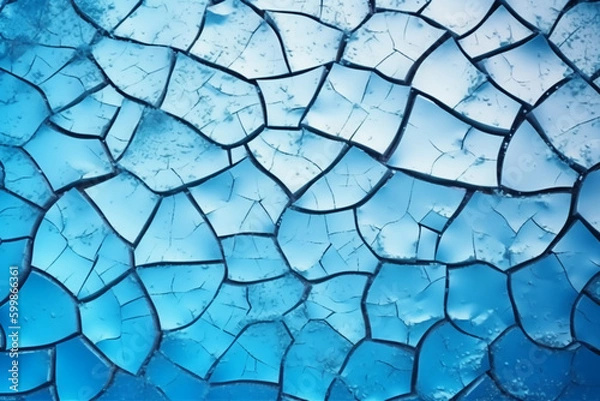 Fototapeta Ice winter floor cracks blue background. AI generative