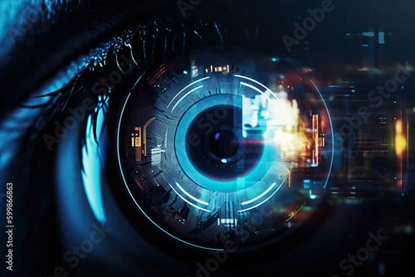 Fototapeta Futuristic robot eye technology, blue digital iris. Generative AI