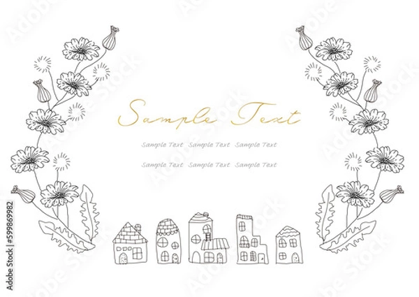 Obraz タンポポと家並みのフレーム  春 飾り枠 ロゴ