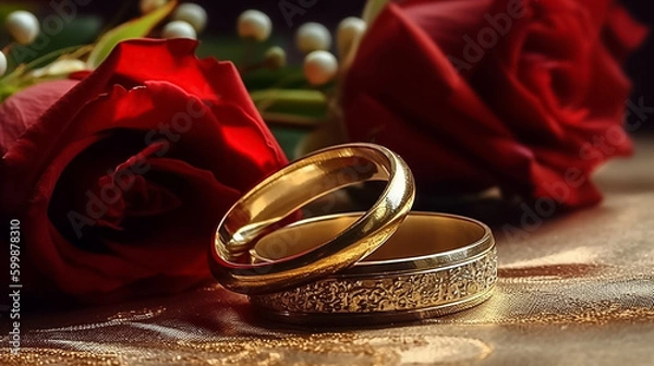 Fototapeta Close up wedding rings, shining and sparkling gold on luxury table with red roses and blur background, Concept for couple lovers marriage and engagement cerebration. Generative AI