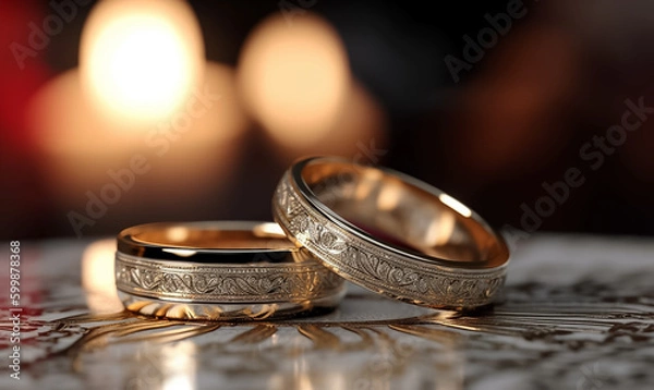 Fototapeta Close up wedding rings, shining and sparkling gold diamond luxury table and blur bokeh light background, Concept for marriage and engagement cerebration. Generative AI