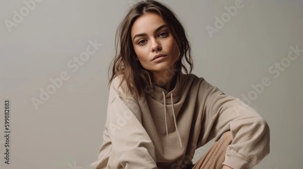 Obraz Casual Woman in Neutral Athleisure Posing Against Minimalist Backdrop. Generative AI.