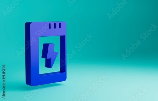 Fototapeta Blue Battery for camera icon isolated on blue background. Lightning bolt symbol. Minimalism concept. 3D render illustration