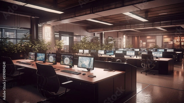 Fototapeta Modern office interior with computers and equipment. Generative Ai