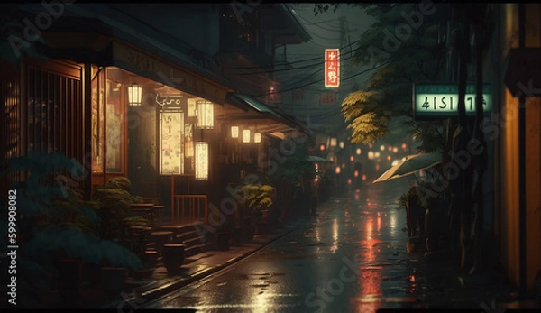 Fototapeta  Traditional Japanese Town at Night, Classic, Retro, After the Rain, Illustration, Generative AI