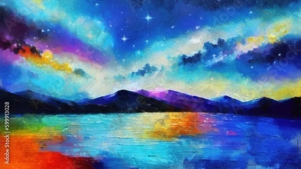 Obraz Beautiful night sky with stars and sea watercolor painting illustration.  abstract colorful background with space for your text, watercolor painting