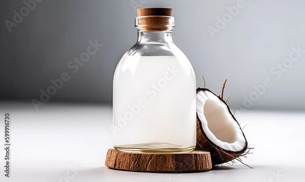 Fototapeta Close up coconut oil bottle on white counter, with extra virgin fresh coconut ,organic essential drop extract from natural composition with copy space on white background, Generative AI