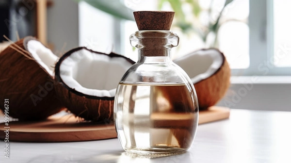 Fototapeta Close up coconut oil bottle on white counter, with extra virgin fresh coconut ,organic essential drop extract from natural composition with copy space on white background, Generative AI