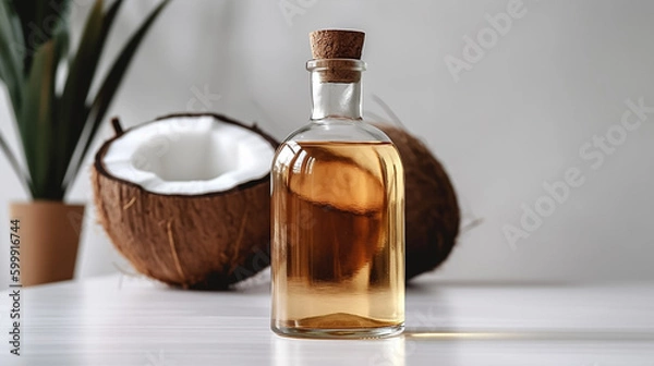 Fototapeta Close up coconut oil bottle on white counter, with extra virgin fresh coconut ,organic essential drop extract from natural composition with copy space on white background, Generative AI