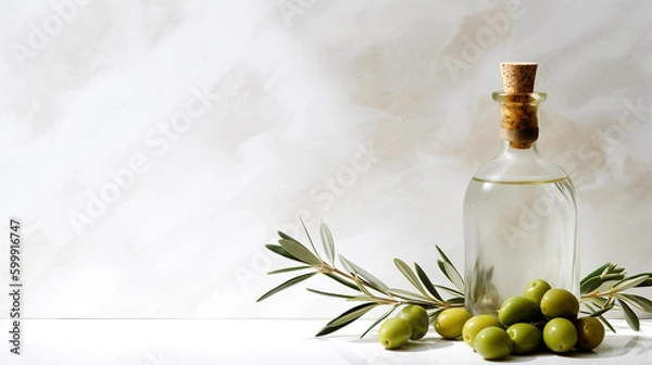 Fototapeta Close up olive oil bottle on white counter, with fresh extra virgin olive, organic essential drop extract from natural composition with copy space on white background, Generative AI