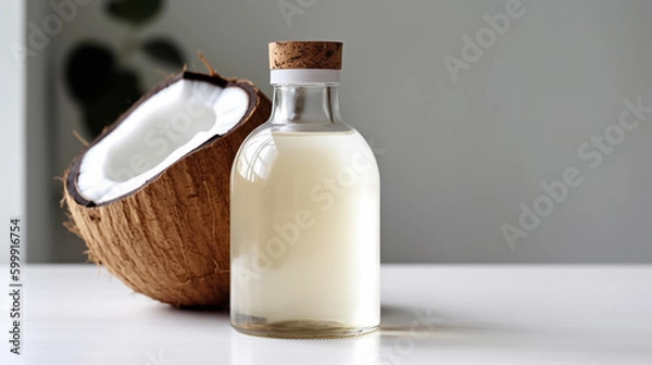 Fototapeta Close up coconut oil bottle on white counter, with extra virgin fresh coconut ,organic essential drop extract from natural composition with copy space on white background, Generative AI