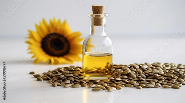 Fototapeta Close up sunflower oil bottle on white counter, with sun flower seeds ,organic essential drop extract from natural composition with copy space on white background, Generative AI