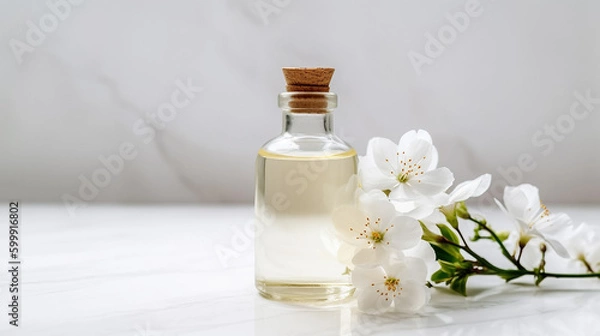 Fototapeta Close up oil bottle on white counter, ,organic essential drop extract from natural composition with copy space on white background, Generative AI