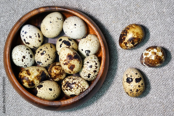 Fototapeta Quail eggs in a round wooden bowl on canvas, close-up, macro. Eggshell stains. Spotted pattern on the eggs. Dietary healthy foods. Egg