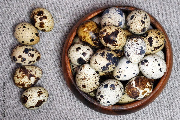 Fototapeta Quail eggs in a round wooden bowl on canvas, close-up, macro. Eggshell stains. Spotted pattern on the eggs. Dietary healthy foods. Egg