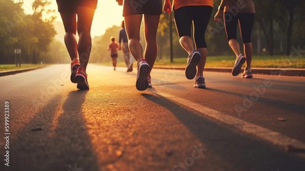 Obraz Running group at the park, people running jogging at a park run at sunset