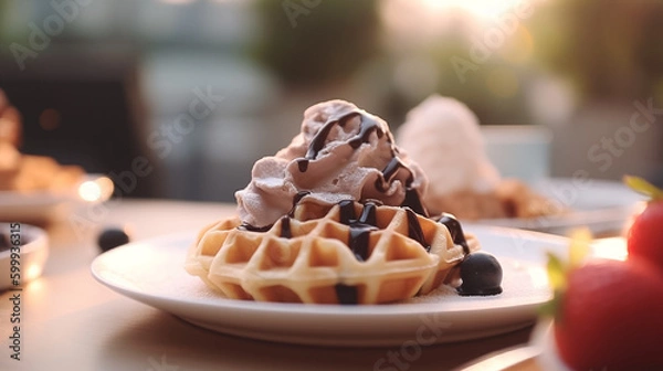 Fototapeta Close up of waffle with ice creams and mixed berries, copy space , concept for breakfast or dessert, blur background kitchen morning light. Generative AI