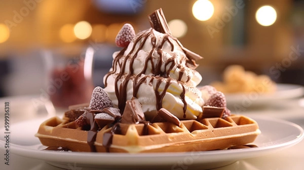 Fototapeta Close up of waffle with ice creams and mixed berries, copy space , concept for breakfast or dessert, blur background kitchen morning light. Generative AI