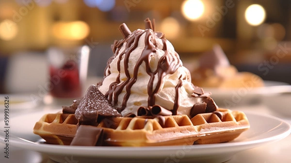Fototapeta Close up of waffle with ice creams and mixed berries, copy space , concept for breakfast or dessert, blur background kitchen morning light. Generative AI