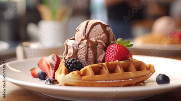Fototapeta Close up of waffle with ice creams and mixed berries, copy space , concept for breakfast or dessert, blur background kitchen morning light. Generative AI