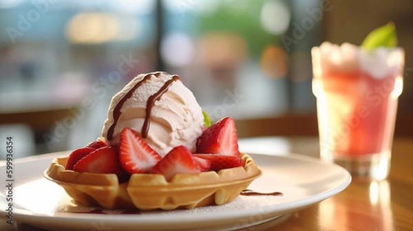 Fototapeta Close up of waffle with ice creams and mixed berries, copy space , concept for breakfast or dessert, blur background kitchen morning light. Generative AI