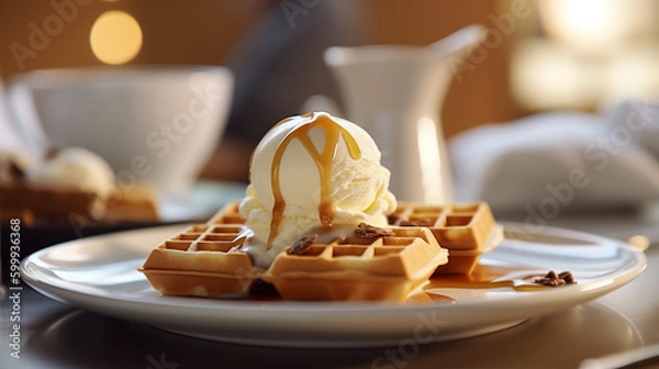 Fototapeta Close up of waffle with ice creams and mixed berries, copy space , concept for breakfast or dessert, blur background kitchen morning light. Generative AI