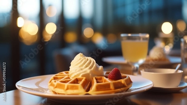 Fototapeta Close up of waffle with ice creams and mixed berries, copy space , concept for breakfast or dessert, blur background kitchen morning light. Generative AI