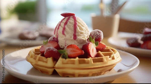 Fototapeta Close up of waffle with ice creams and mixed berries, copy space , concept for breakfast or dessert, blur background kitchen morning light. Generative AI