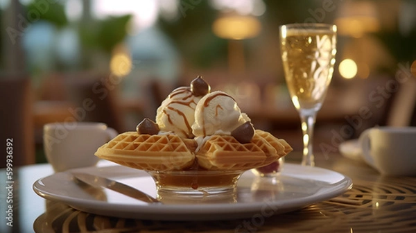 Fototapeta Close up of waffle with ice creams and mixed berries, copy space , concept for breakfast or dessert, blur background kitchen morning light. Generative AI