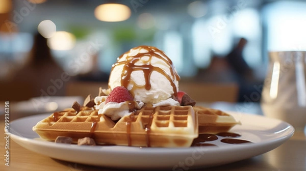 Fototapeta Close up of waffle with ice creams and mixed berries, copy space , concept for breakfast or dessert, blur background kitchen morning light. Generative AI